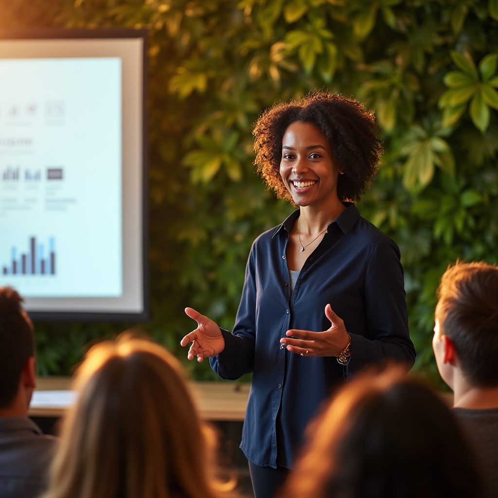 A training facilitator presenting business creation content to a group in France